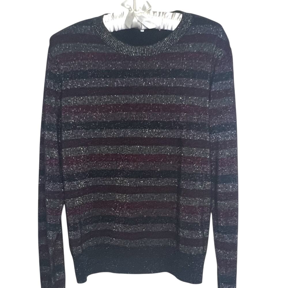 Pam & Gela Women's Size L Sweater Metallic Black Plum Stripe Crew-Neck Pullover